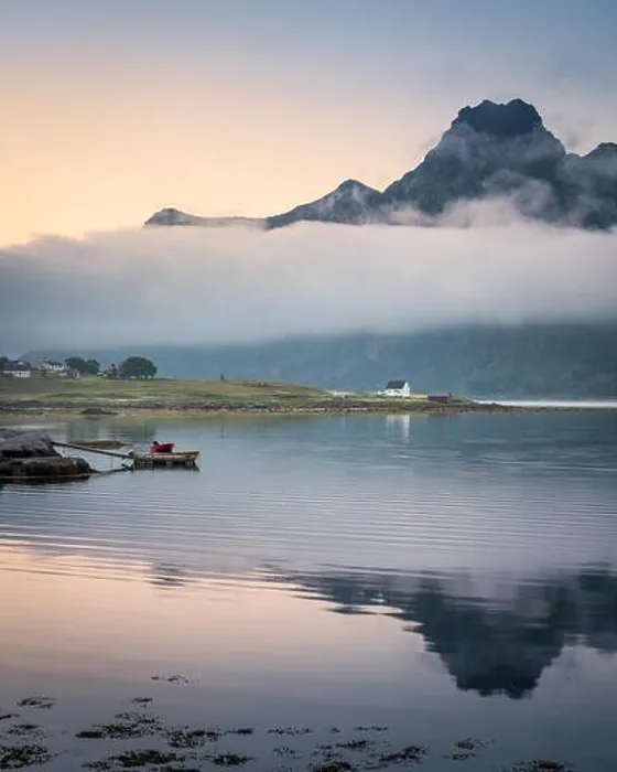 Framed Print : Scenic landscape with mountain reflection and low clouds at summer night in Lofoten, Norway Framed Print : Scenic landscape with mountain reflection and low clouds at summer night in Lofoten, Norway