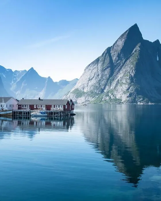 Framed Print : Scenic landscape with mountains and idyllic village at bright summer day in Lofoten Islands, Norway Framed Print : Scenic landscape with mountains and idyllic village at bright summer day in Lofoten Islands, Norway