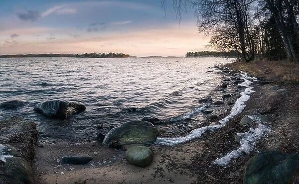 Scenic landscape with sea and sunrise at morning in coastline, Finland