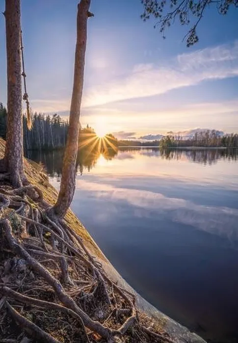 Framed Print : Scenic landscape with sunset, peaceful lake and tree roots at calm spring evening in Finland Framed Print : Scenic landscape with sunset, peaceful lake and tree roots at calm spring evening in Finland