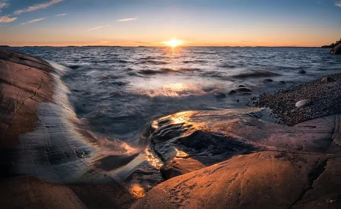 Framed Print : Scenic landscape with sunset and sea at summer evening in Finland Framed Print : Scenic landscape with sunset and sea at summer evening in Finland