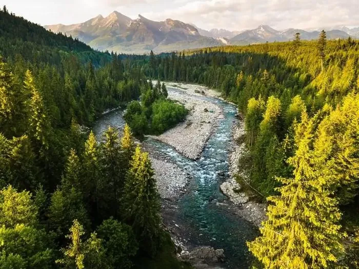 Framed Print : Scenic Landscape in Tatra National Park, Bialka River at Sunrise. Drone view Framed Print : Scenic Landscape in Tatra National Park, Bialka River at Sunrise. Drone view