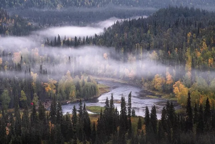 Framed Print : Scenic landscape view with morning fog and fall colors at moody day in Kuusamo, Finland Framed Print : Scenic landscape view with morning fog and fall colors at moody day in Kuusamo, Finland
