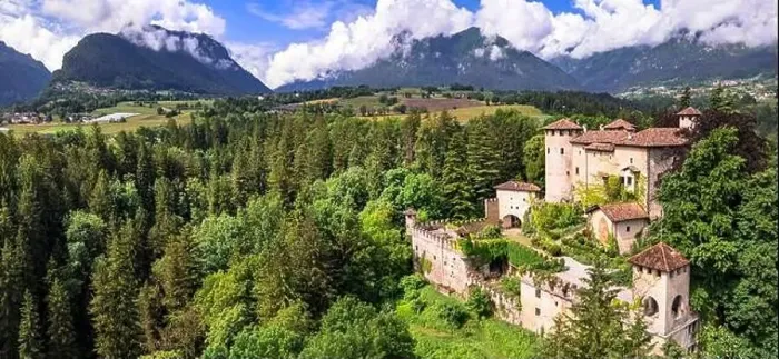 Framed Print : Most scenic medieval castles of Italy - Castel Campo in Trentino region, Trento province. Aerial drone view Framed Print : Most scenic medieval castles of Italy - Castel Campo in Trentino region, Trento province. Aerial drone view