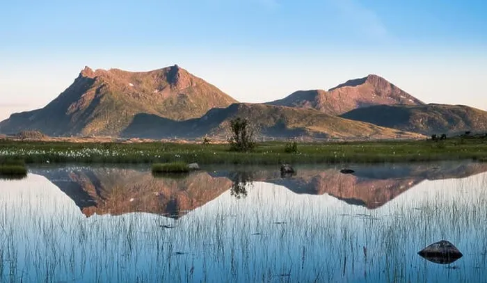 Framed Print : Scenic mountain landscape with nice reflection at bright summer day in Lofoten, Norway