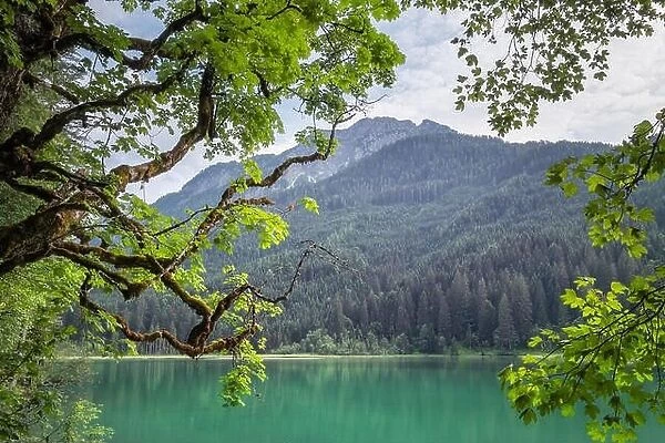 Scenic mountain landscape with turquoise alp lake at sunny and bright summer day in Austria Alps