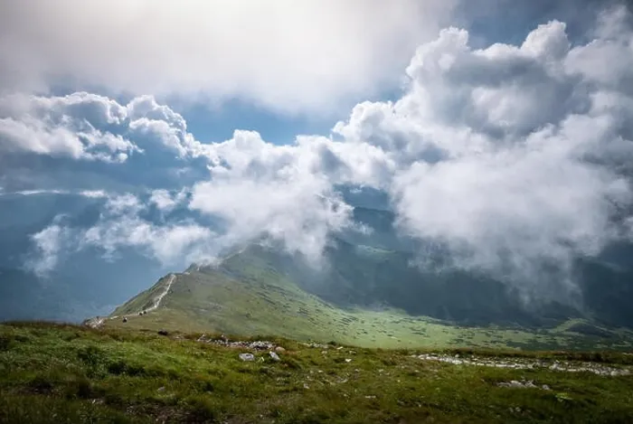 Framed Print : Scenic mountain view with dramatic low clouds at summer day in Tatra mountains, Poland