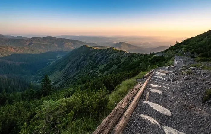 Framed Print : Scenic mountain view with mood sunrise and path at summer morning in Tatra National park, Poland Framed Print : Scenic mountain view with mood sunrise and path at summer morning in Tatra National park, Poland