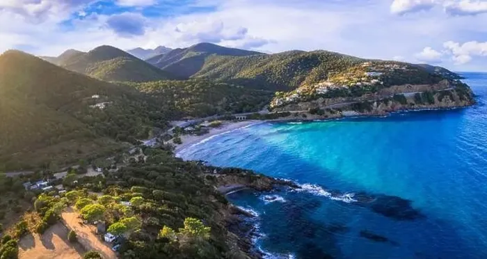 Framed Print : Scenic nature and beaches of Corsica island. aerial drone panoramic view Framed Print : Scenic nature and beaches of Corsica island. aerial drone panoramic view
