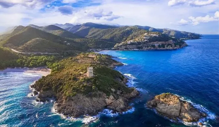 Framed Print : Scenic nature and beaches of Corsica island. Genoese towers - Torra di Fautea over sunset. aerial drone panoramic view Framed Print : Scenic nature and beaches of Corsica island. Genoese towers - Torra di Fautea over sunset. aerial drone panoramic view