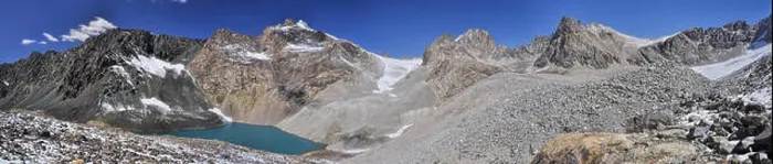 Framed Print : Scenic panorama of lake below highest mountain peaks in Ala Archa national park in Tian Shan mountain range Framed Print : Scenic panorama of lake below highest mountain peaks in Ala Archa national park in Tian Shan mountain range