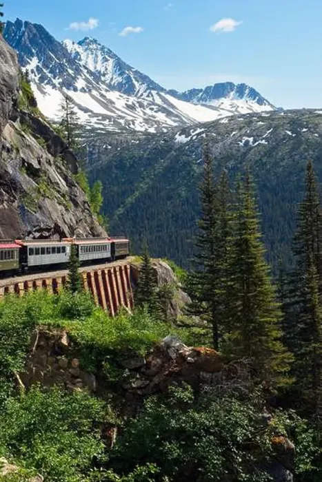 Framed Print : A scenic passenger train rounding a curve high in the mountains above Skagway, Alaska Framed Print : A scenic passenger train rounding a curve high in the mountains above Skagway, Alaska