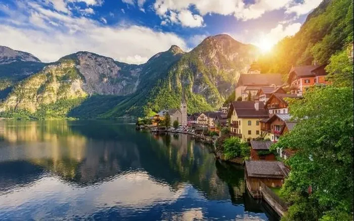 Framed Print : Scenic picture-postcard view of famous Hallstatt mountain village in the Austrian Alps Framed Print : Scenic picture-postcard view of famous Hallstatt mountain village in the Austrian Alps