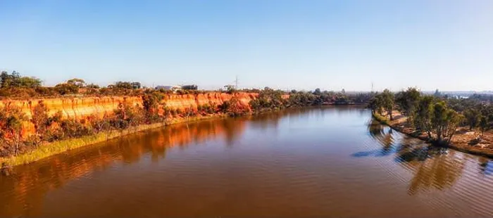 Framed Print : Scenic red cliffs of clay on shores of Murray river at Mildura town on Victoria - NSW border of Australia - aerial Framed Print : Scenic red cliffs of clay on shores of Murray river at Mildura town on Victoria - NSW border of Australia - aerial