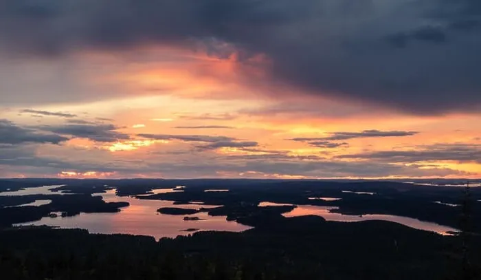 Framed Print : Scenic sunset landscape with high angle view and lakes at autumn evening in Lapland, Finland Framed Print : Scenic sunset landscape with high angle view and lakes at autumn evening in Lapland, Finland
