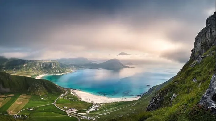 Framed Print : Scenic view from beach with turquoise water and mountains at beautiful summer day in Kvalvika beach, Lofoten, Norway Framed Print : Scenic view from beach with turquoise water and mountains at beautiful summer day in Kvalvika beach, Lofoten, Norway