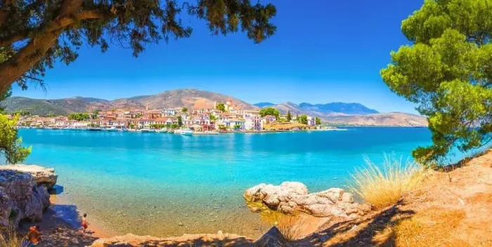 Framed Print : Scenic view of Galaxidi village with colorful buildings, Greece Framed Print : Scenic view of Galaxidi village with colorful buildings, Greece
