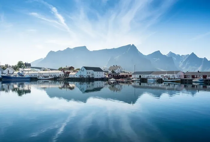 Framed Print : Scenic view from idyllic village with mountains at bright summer day in Hamnoy, Lofoten, Norway Framed Print : Scenic view from idyllic village with mountains at bright summer day in Hamnoy, Lofoten, Norway