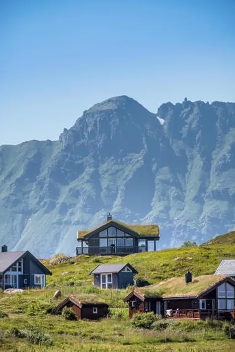 Framed Print : Scenic view from idyllic village with mountains at bright summer day in little village Lofoten, Norway Framed Print : Scenic view from idyllic village with mountains at bright summer day in little village Lofoten, Norway