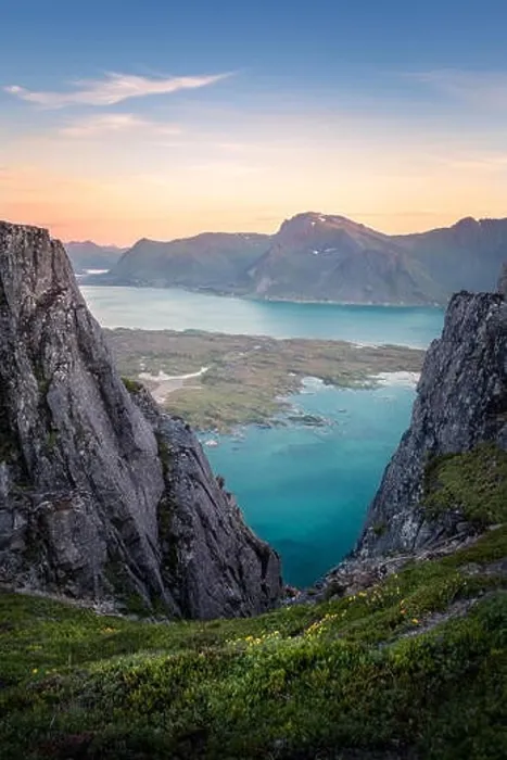 Framed Print : Scenic view from top of the mountain at summer night in Hoven, Lofoten, Norway Framed Print : Scenic view from top of the mountain at summer night in Hoven, Lofoten, Norway