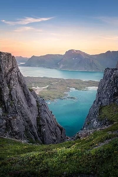 Scenic view from top of the mountain at summer night in Hoven, Lofoten, Norway