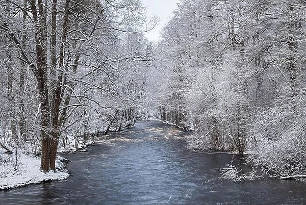 Scenic winter landscape with flowing river and morning light in Finland. Snowy trees
