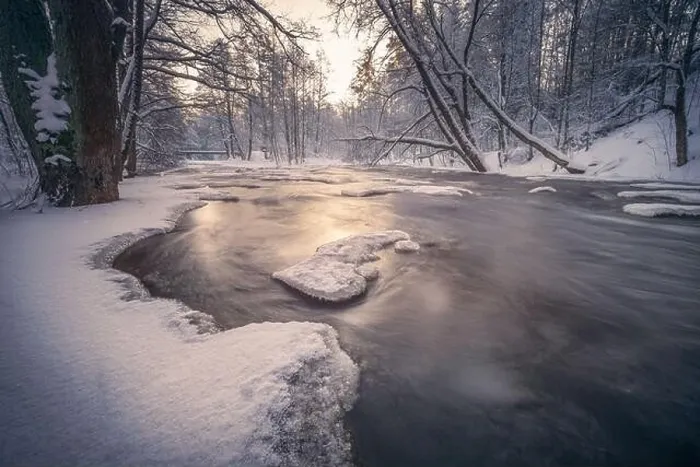 Framed Print : Scenic winter landscape with flowing river and morning light in Finland. Snowy trees Framed Print : Scenic winter landscape with flowing river and morning light in Finland. Snowy trees