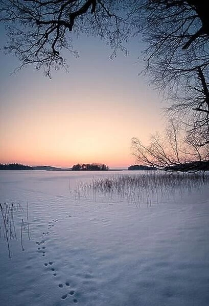 Scenic winter landscape with sunset and snowy lake at evening time in Finland