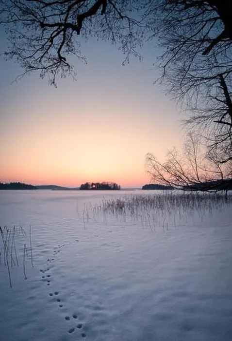 Framed Print : Scenic winter landscape with sunset and snowy lake at evening time in Finland