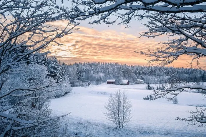 Framed Print : Scenic winter landscapw with farm house and sunset at evening light in Finland Framed Print : Scenic winter landscapw with farm house and sunset at evening light in Finland