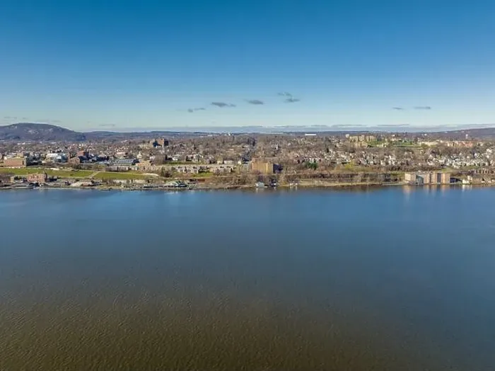 Framed Print : Scenic winter morning aerial photo of Beacon, NY USA from the Hudson River looking east, December 20, 2022