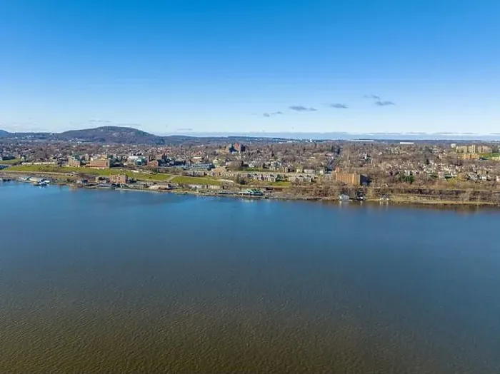 Framed Print : Scenic winter morning aerial photo of Beacon, NY USA from the Hudson River looking east, December 20, 2022