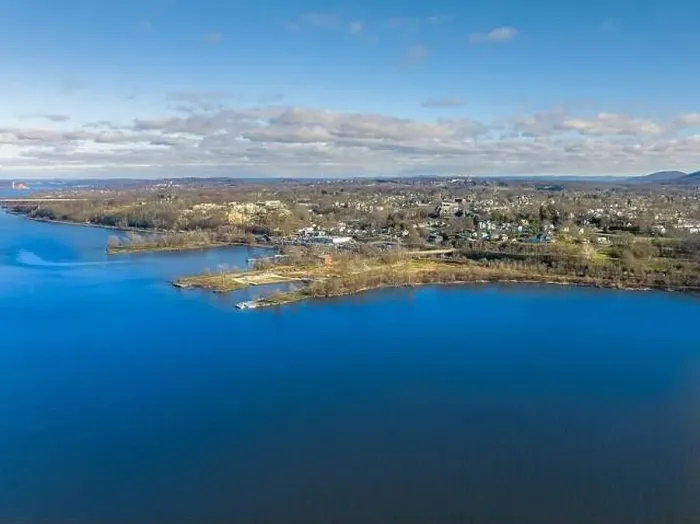 Framed Print : Scenic winter morning aerial photo of Beacon, NY USA from the Hudson River looking east, December 20, 2022