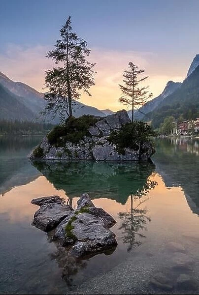 Scenin tranquil landscape with mountain, lake and sunset at summer evening in National park Berchtesgaden, Germany