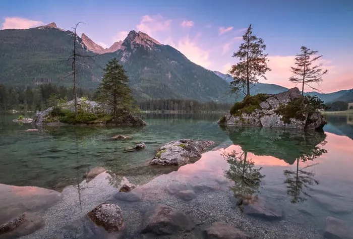 Framed Print : Scenin tranquil landscape with mountain, lake and sunset at summer evening in National park Berchtesgaden, Germany Framed Print : Scenin tranquil landscape with mountain, lake and sunset at summer evening in National park Berchtesgaden, Germany