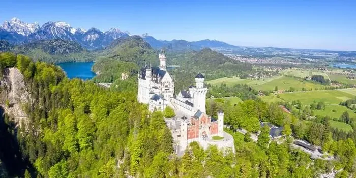 Framed Print : Schloss Neuschwanstein castle aerial view Alps landscape travel panorama palace in Bavaria Germany Framed Print : Schloss Neuschwanstein castle aerial view Alps landscape travel panorama palace in Bavaria Germany