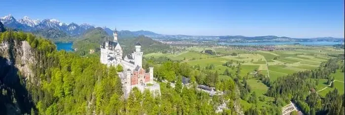 Framed Print : Schloss Neuschwanstein castle aerial view architecture Alps landscape Bavaria Germany travel panorama from above Framed Print : Schloss Neuschwanstein castle aerial view architecture Alps landscape Bavaria Germany travel panorama from above