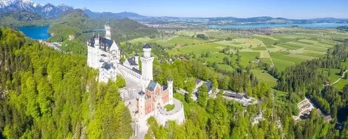 Framed Print : Schloss Neuschwanstein castle aerial view architecture Alps landscape Bavaria Germany travel panorama from above Framed Print : Schloss Neuschwanstein castle aerial view architecture Alps landscape Bavaria Germany travel panorama from above