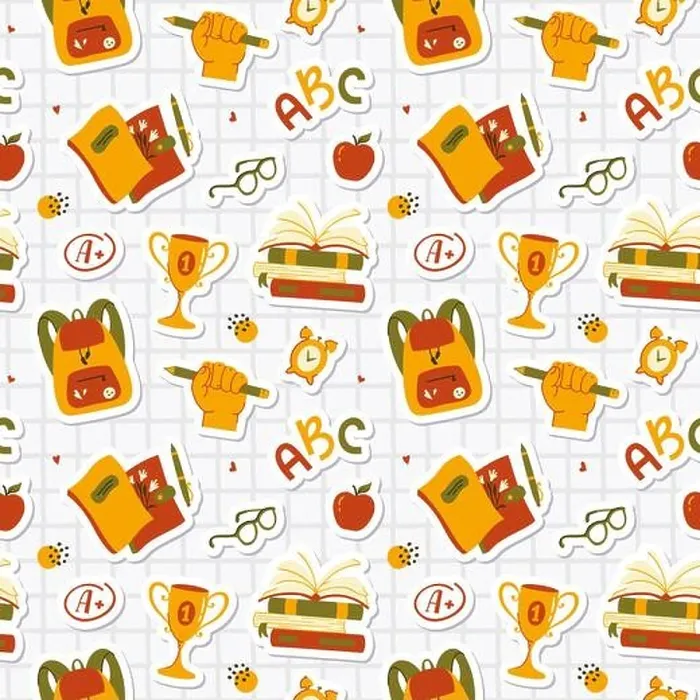 Framed Print : Back to School. Seamless pattern with school-themed stickers - books, backpacks, notebooks, apples, glasses, etc. Stylish vector background