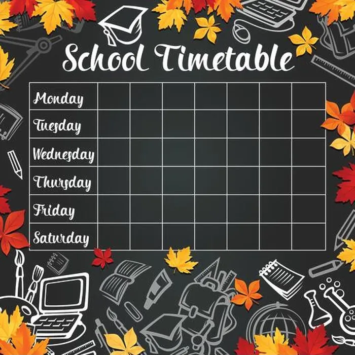 Framed Print : School timetable design of weekly lesson schedule on black chalkboard Framed Print : School timetable design of weekly lesson schedule on black chalkboard