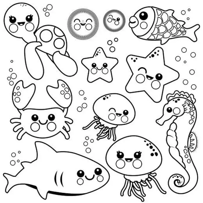 Framed Print : Sea animals swimming in the sea. Black and white coloring page Framed Print : Sea animals swimming in the sea. Black and white coloring page