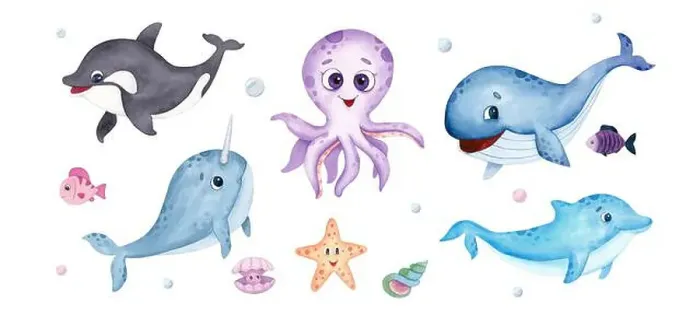 Framed Print : Sea animals watercolor set. Cute whale Framed Print : Sea animals watercolor set. Cute whale