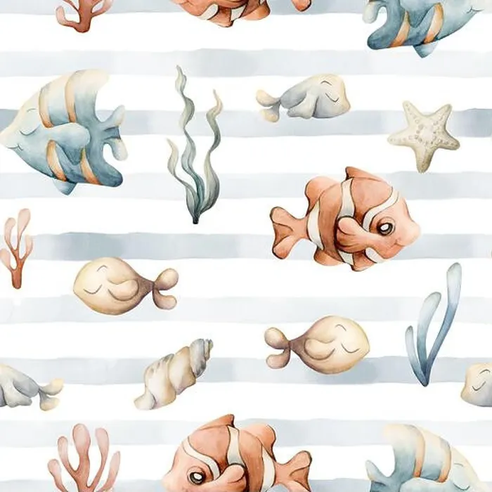 Framed Print : Sea Fishes Shells Seaweeds. Watercolor hand painted summer blue striped seamless pattern on white background Framed Print : Sea Fishes Shells Seaweeds. Watercolor hand painted summer blue striped seamless pattern on white background