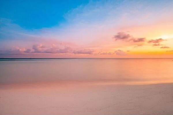 Sea sand sky beach closeup. Panoramic island landscape. Inspire tropical beach seascape shore horizon. Colorful sunset sky calmness tranquil relax