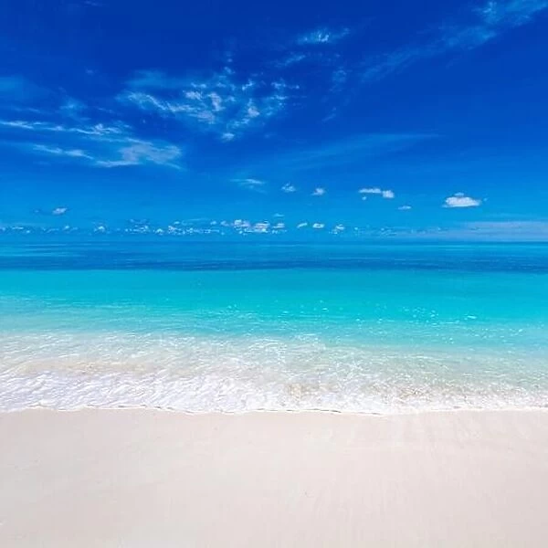 Sea sand sky concept. Tropical island paradise, beach view with endless sea horizon. Tranquil relaxing peaceful nature landscape, waves splashing surf