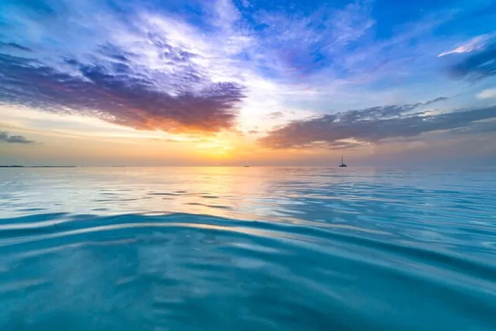 Framed Print : Sea sky clouds, horizon. Colorful seascape horizontal background banner. Inspirational calm sea with sunset sky. Meditation ocean and sky background