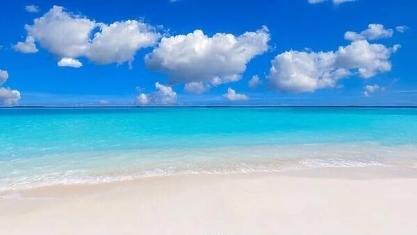Sea view from tropical beach with sunny sky. Summer paradise beach. Exotic landscape with clouds on horizon, shoreline, seaside in Maldives islands