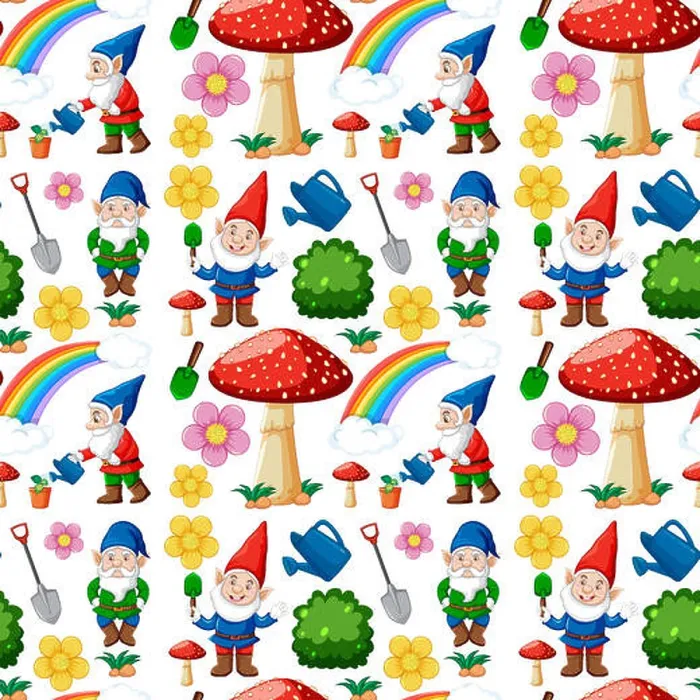 Framed Print : Seamless gnome and garden icon with rainbow in cartoon style