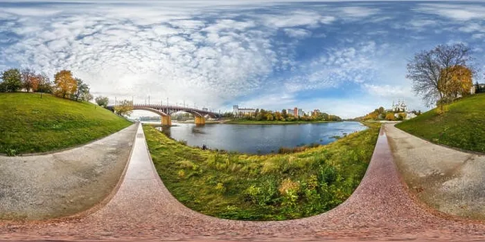 Framed Print : full seamless spherical panorama 360 degrees angle view on bank of wide river in front of bridge in city center Framed Print : full seamless spherical panorama 360 degrees angle view on bank of wide river in front of bridge in city center