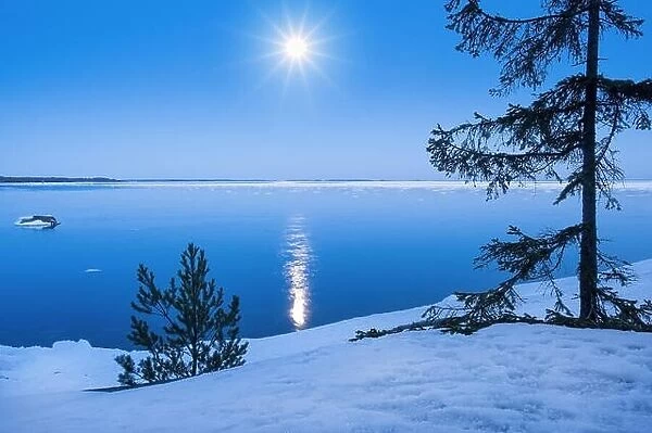 Seascape with moonlight at winter time